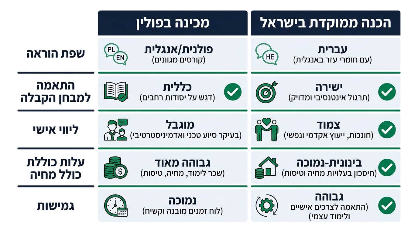 השוואה בין מכינה אוניברסיטאית בפולין לבין הכנה ממוקדת בישראל